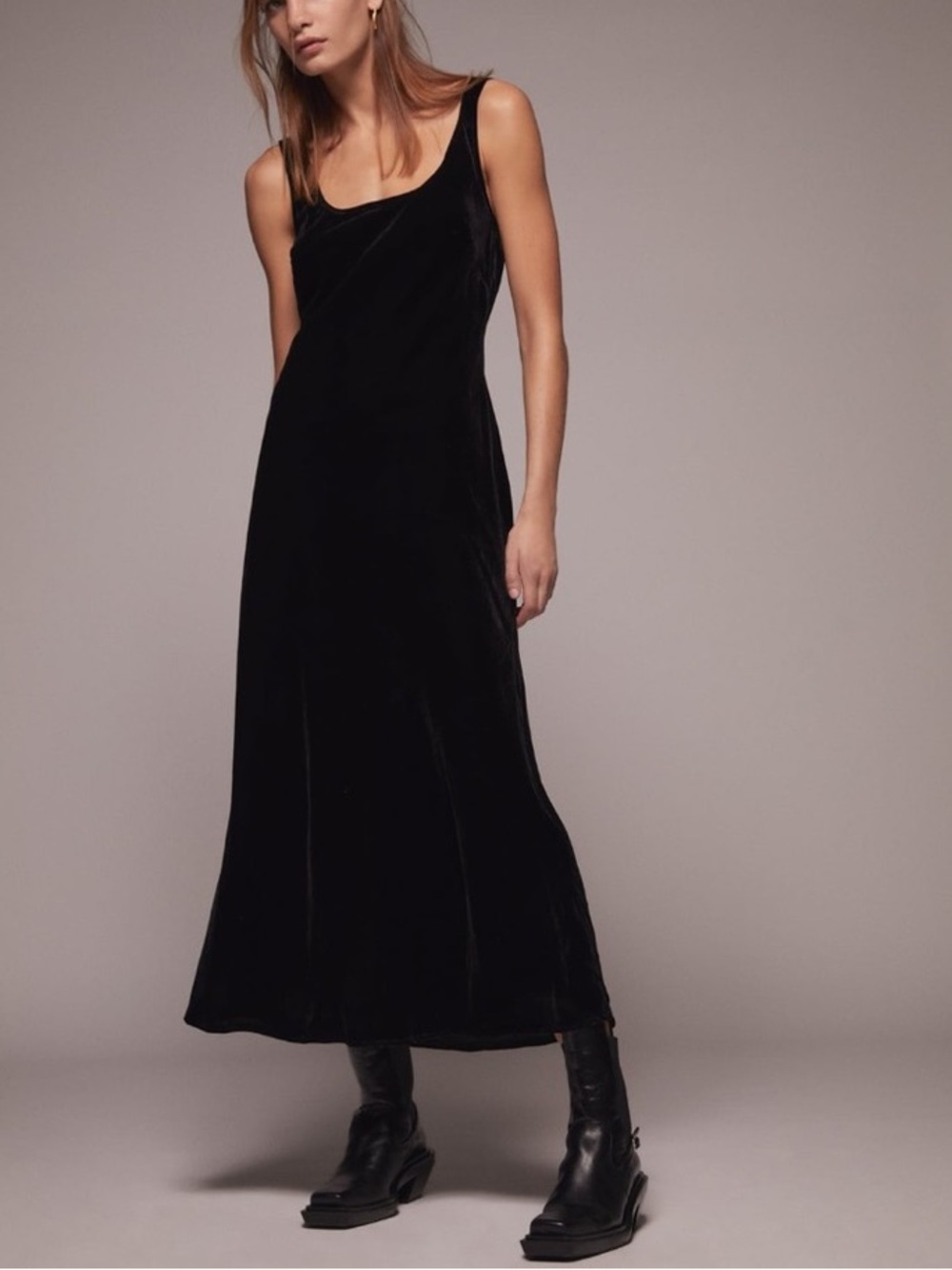 ZARA Black Velvet Scoop Neck Maxi Dress Pit to Pit 16” Length 53”
